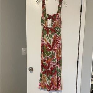 Zara Red and Green Leaf Print Dress